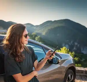 Woman traveling by car in the mountains using smartphone at sunset