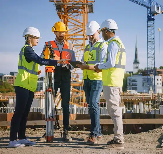Diverse Team of Specialists Use Tablet Computer on Construction Site