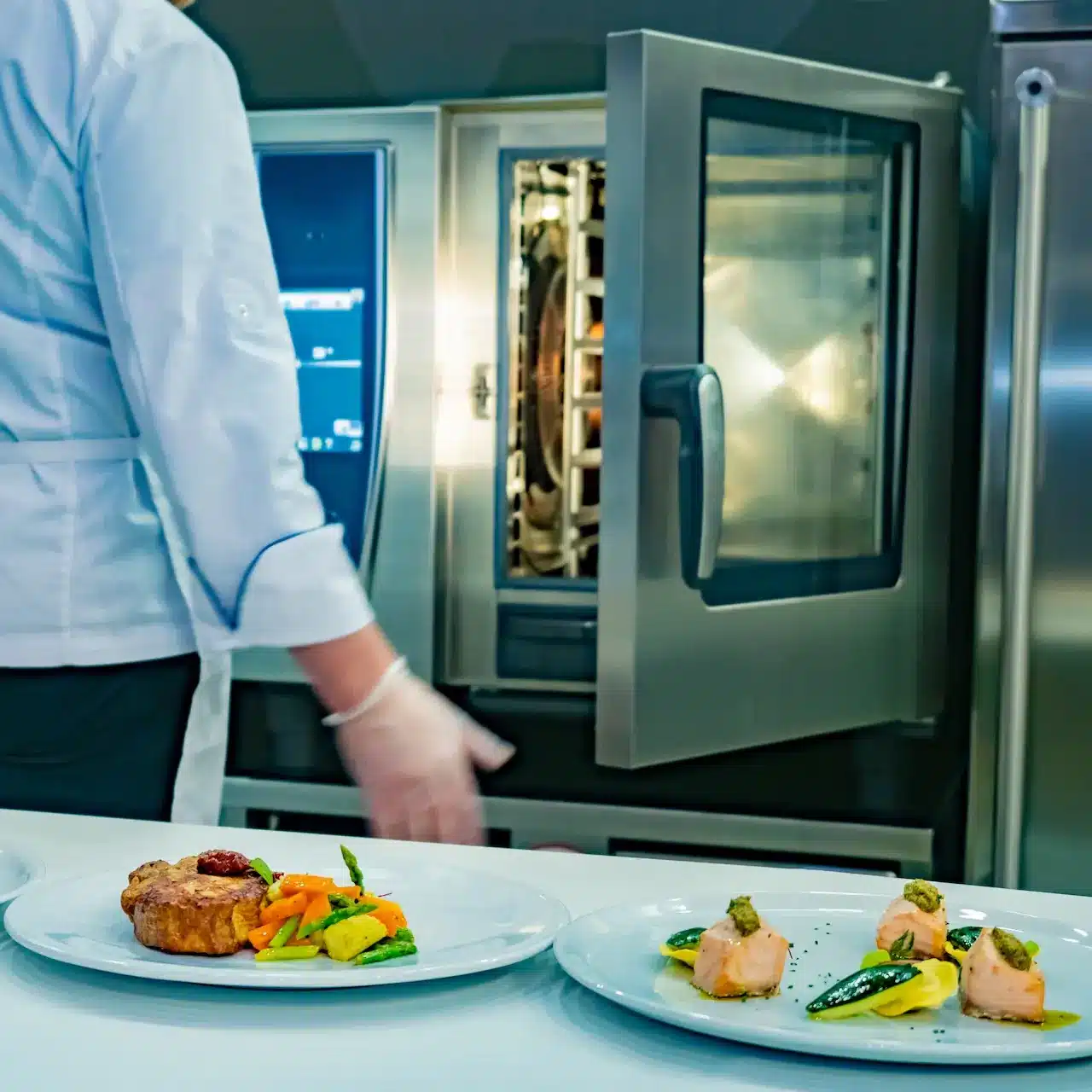 A chef stands in front of an open oven while preparing dishes for customers in the commercial kitchen
