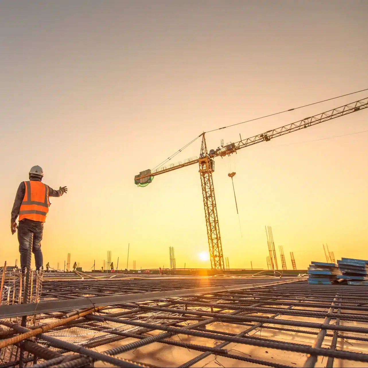A site supervisors on a construction site gesturing towards a large crane in the distance.