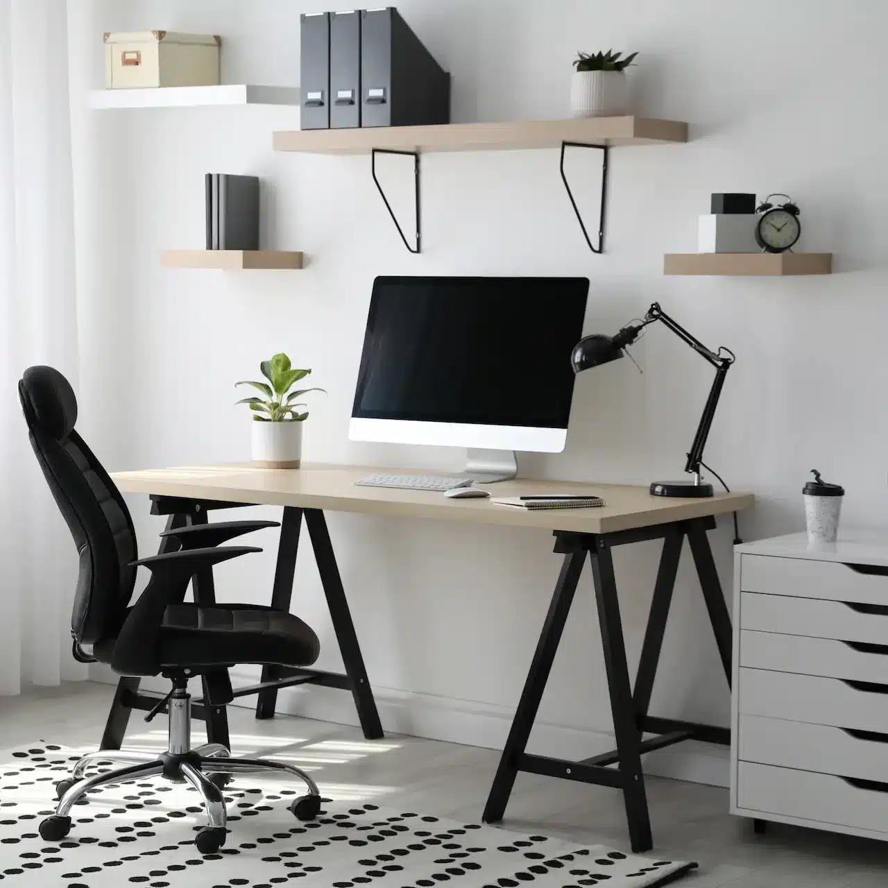 A home office setup with computer, desk, chair, and environmental embellishments