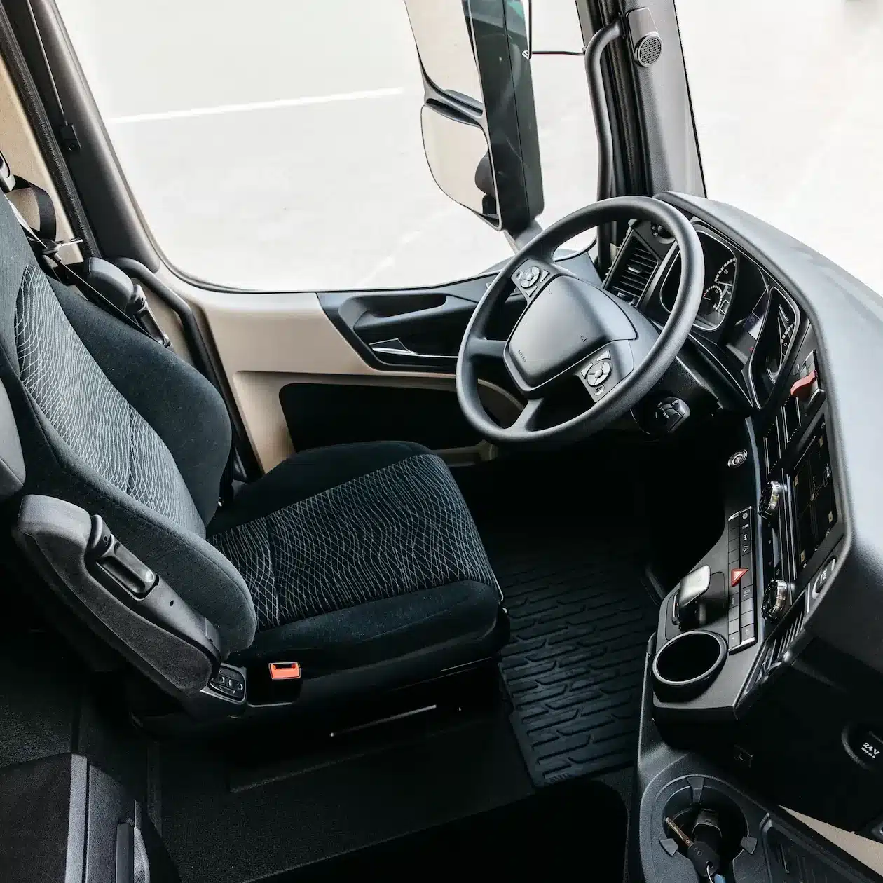 The interior view of the drivers cabin in a new truck