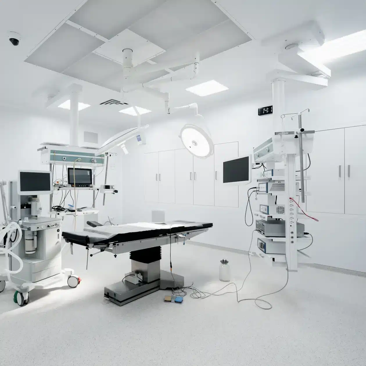 An operating theatre fully setup with medical equipment