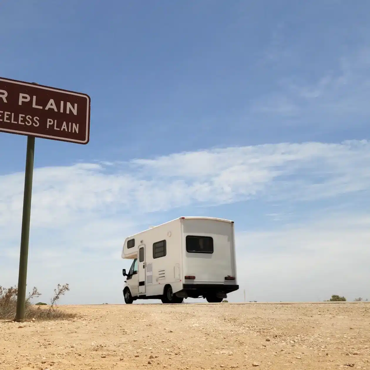 Motorhome parked near a sign for the Nullarbor Plain