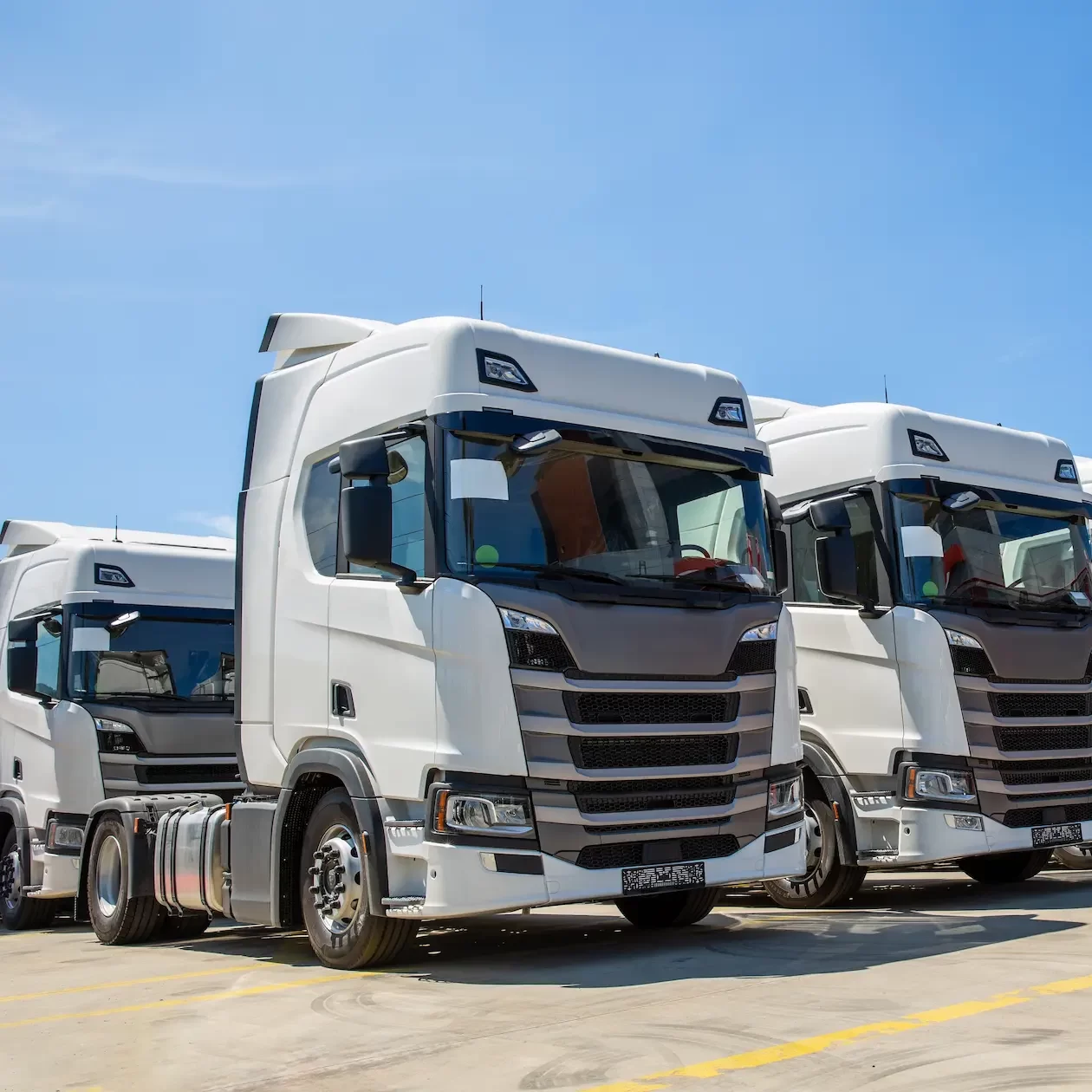 A row of new trucks in a fleet