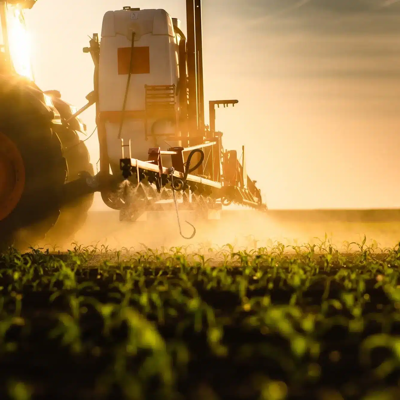 Close view of a sprayer on the back of a tractor spray the crop at sunset