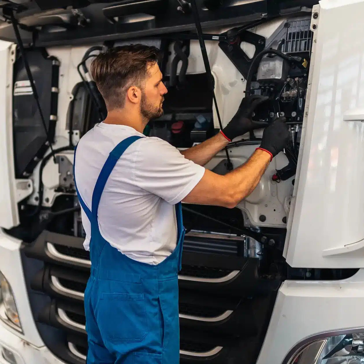 A mechanic working on a truck electrical system in a workshop