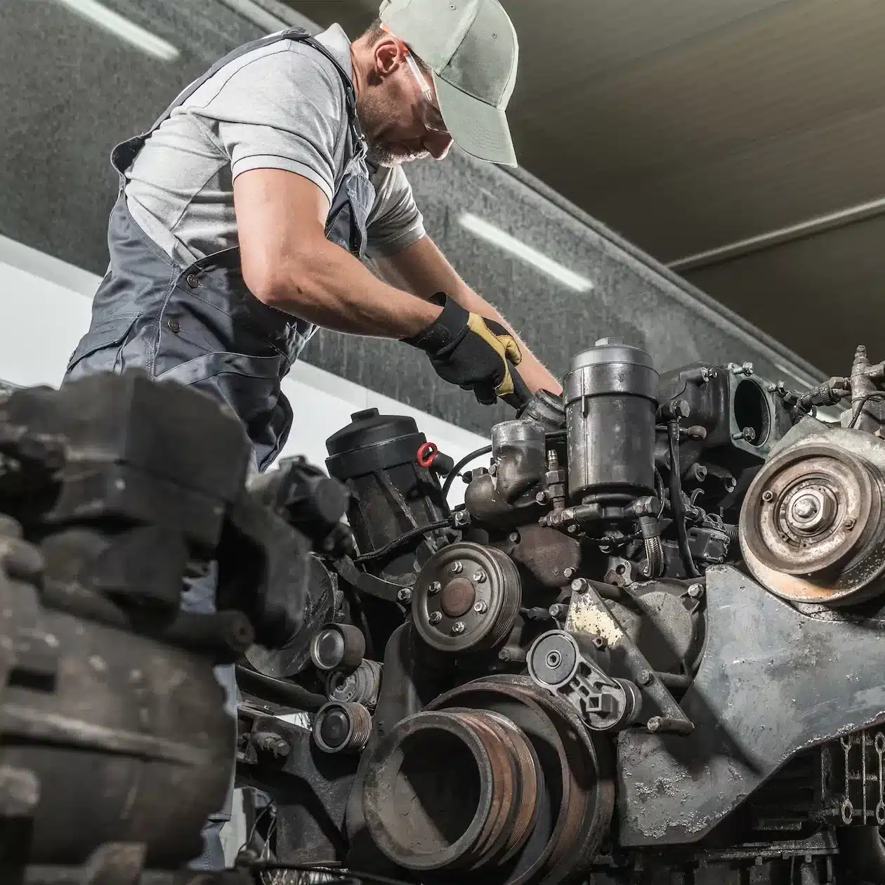 A truck technician working on a truck engine in a workshop