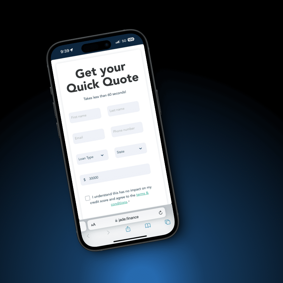 Illustration of a mobile phone displaying the easy to use, fast and free quote request form on the Jade Finance website.
