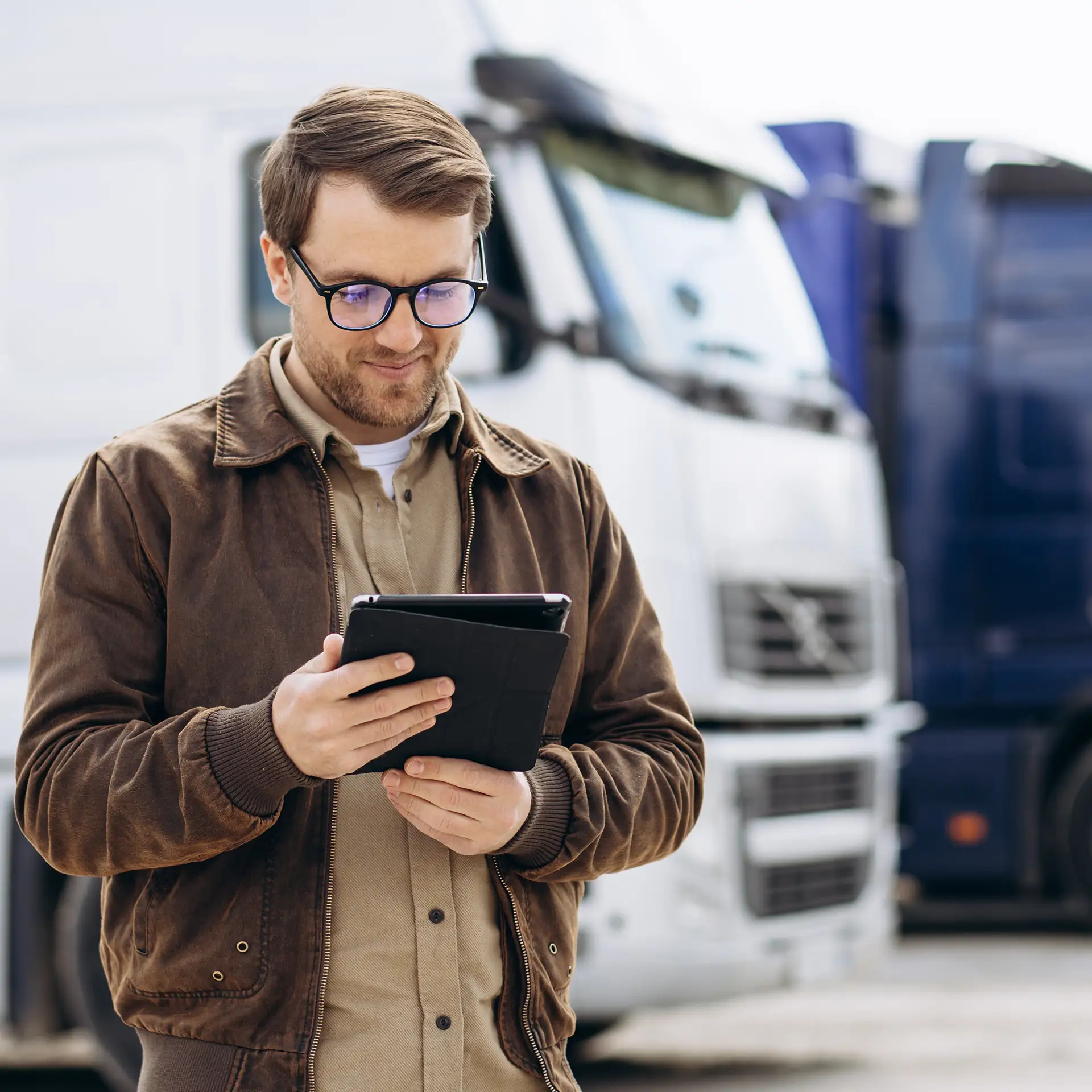 Truck driver using a tablet while standing next to his lorry