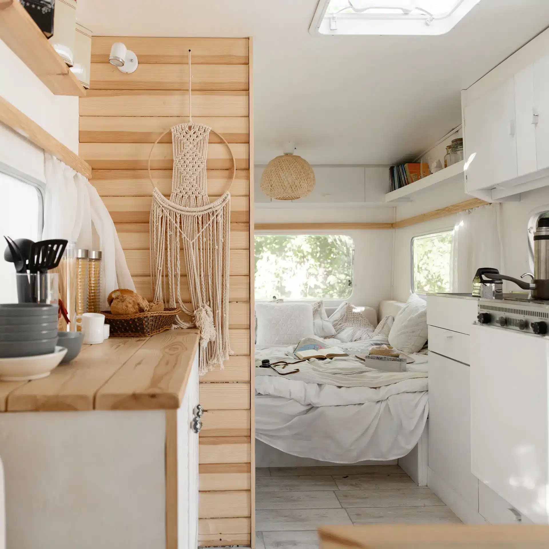 The refurbished interior of a caravan.