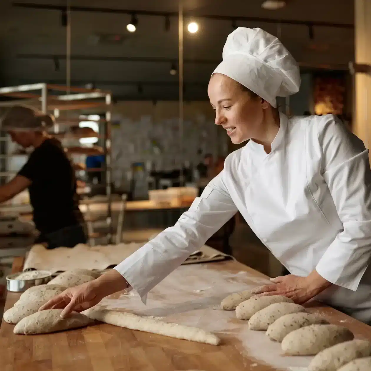 A baker preparing a batch of loaves for baking in a professional kitchen