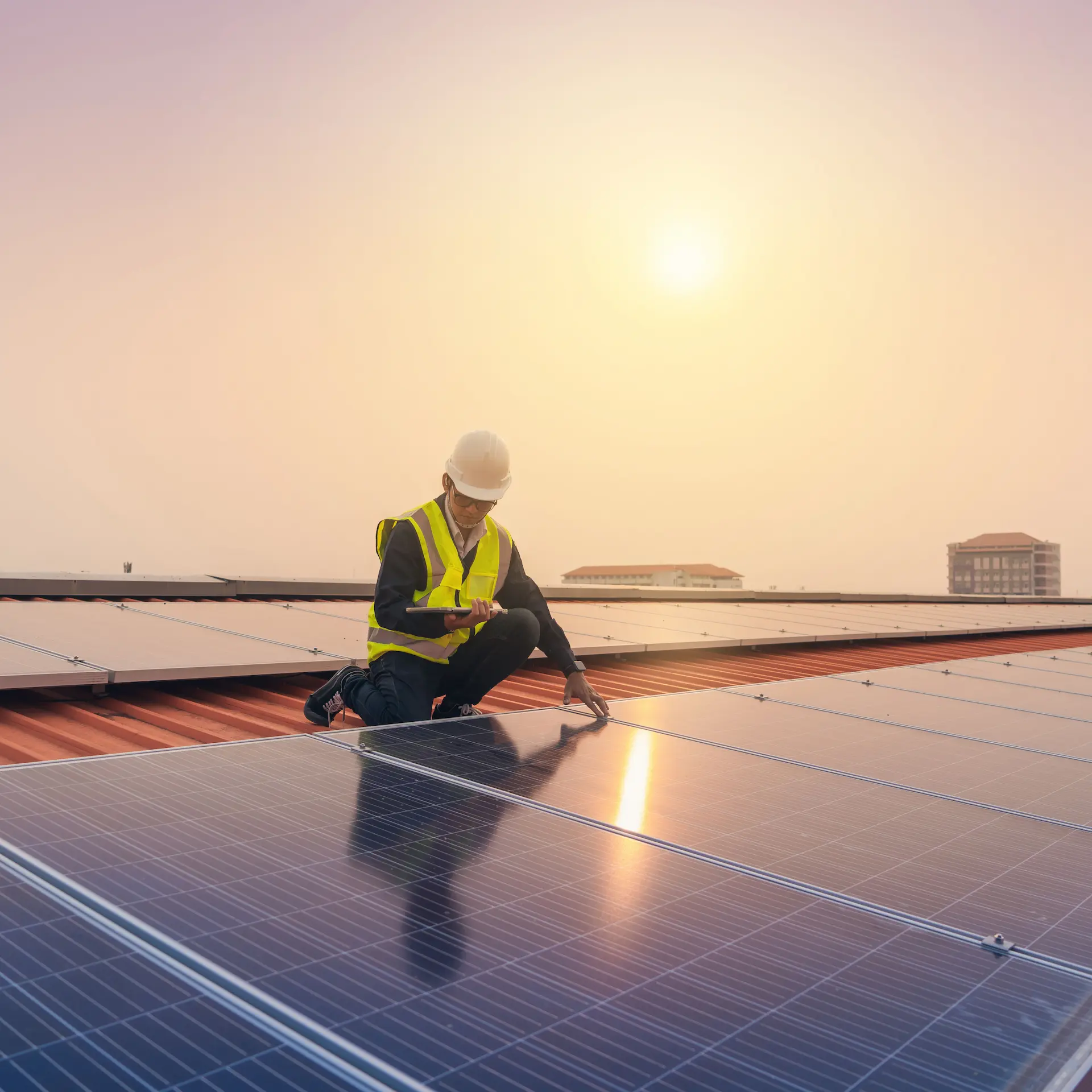 A solar technician checking the commercial solar panel installation on a factory roof.