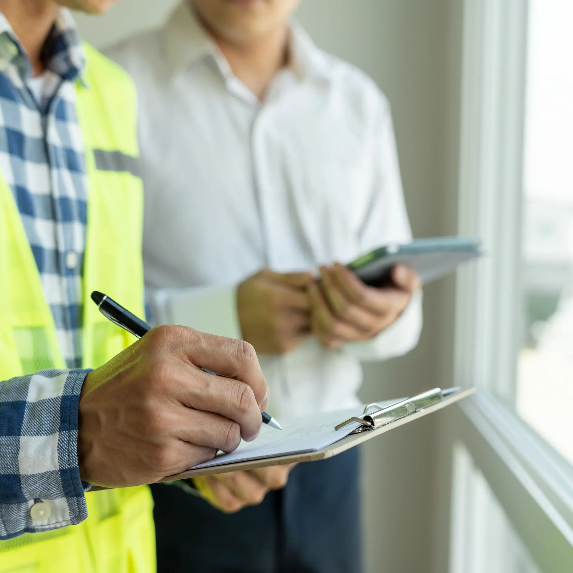 A building inspector and client are walking through a newly constructed building carrying out an inspection.