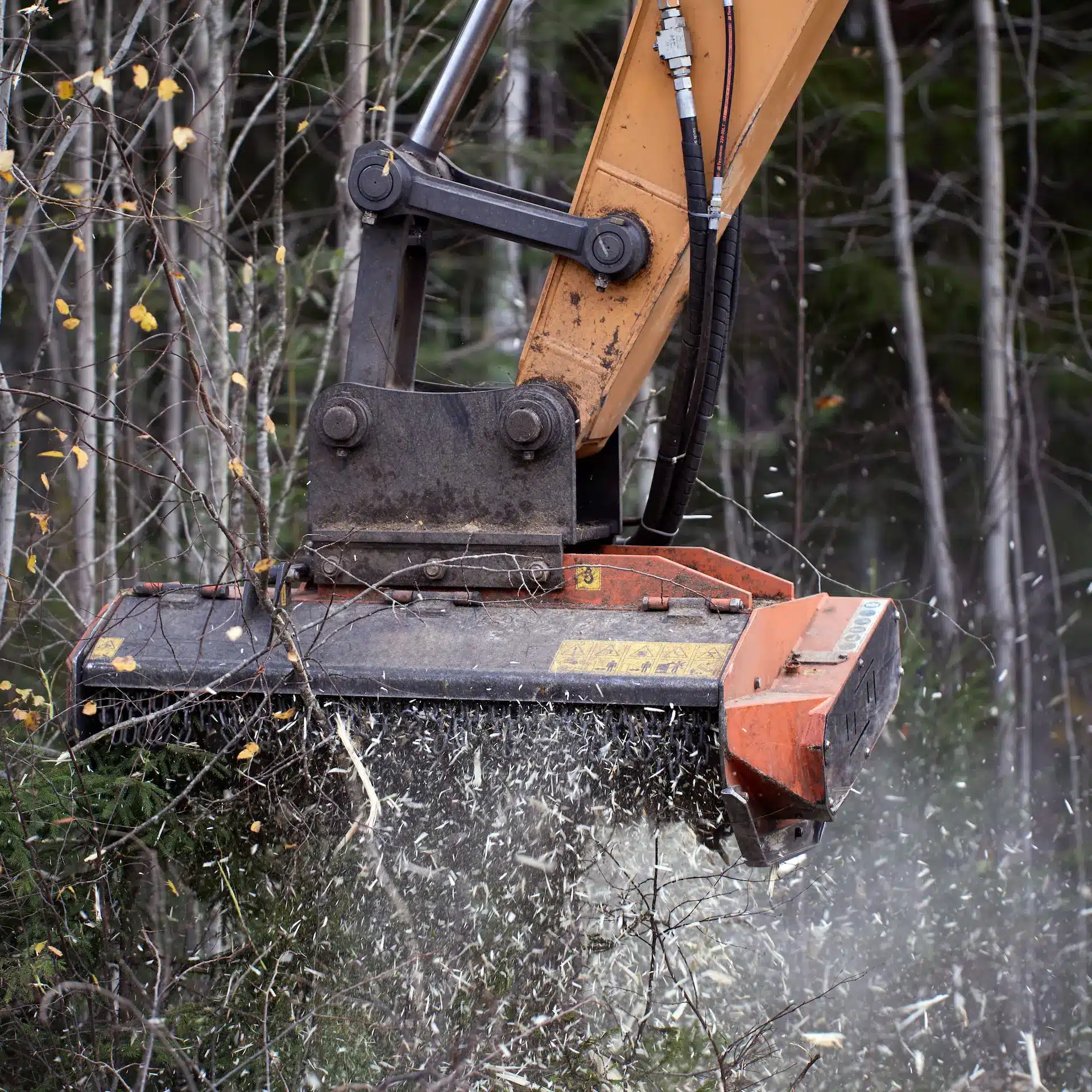 A mulcher on the end of an excavator arm grinding down small trees in a forest