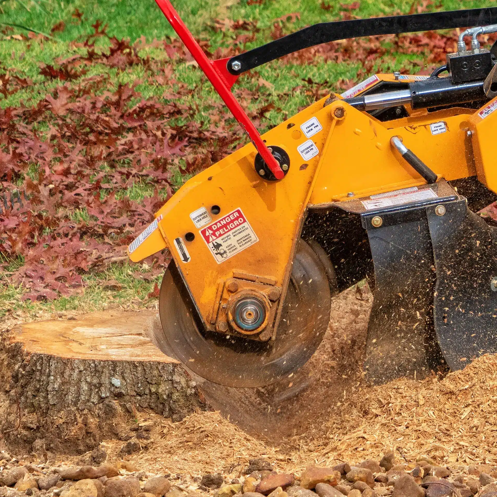 A Stump Grinder working to reduce a tree stump.