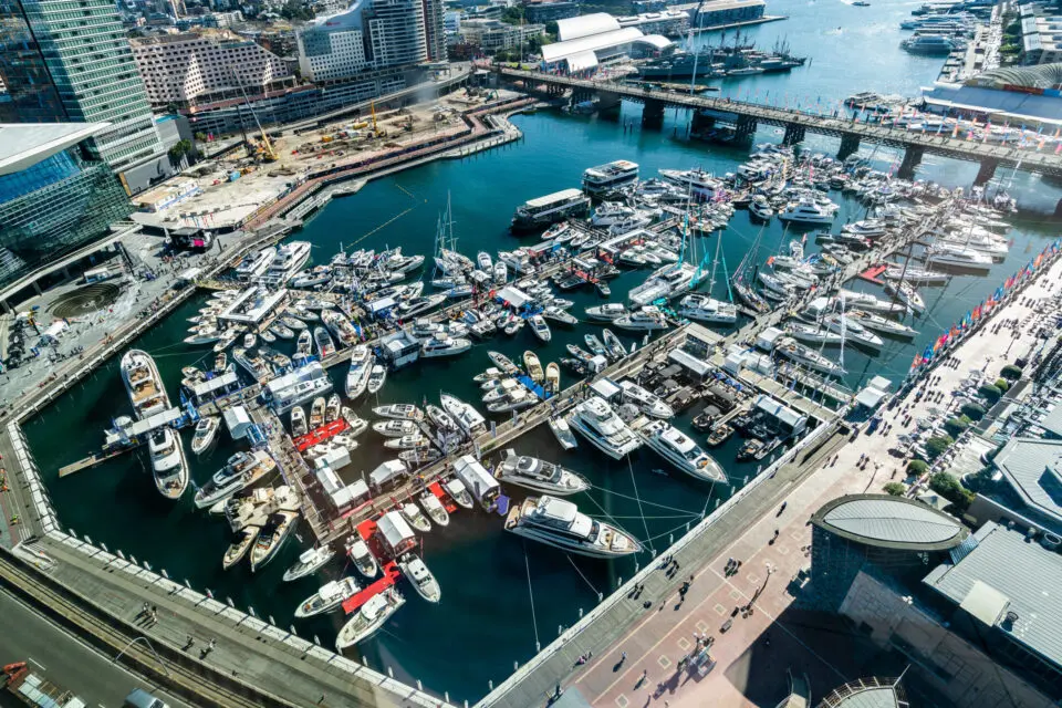 Aerial view of Sydney Boat Show, the many marine vessels docked on display.