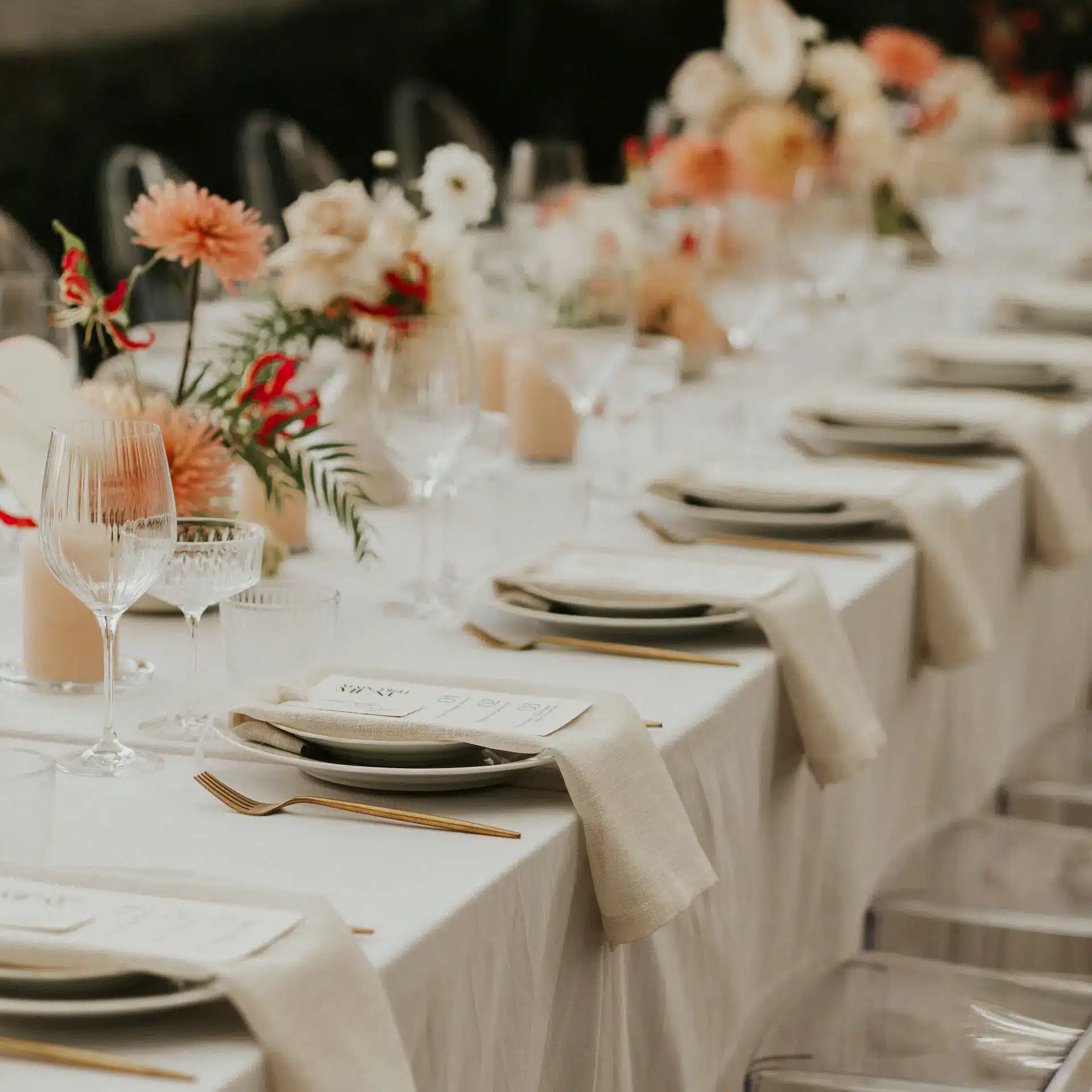 A bridal party table prepared for the wedding reception.