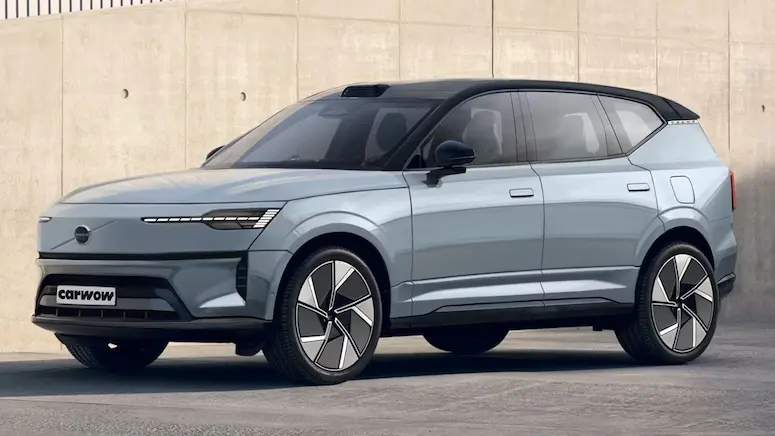 Light blue 2026 Volvo electric SUV concept, showing advanced design features and long-range potential.