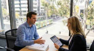 Consultant discussing tax bill loan options with a Jade Finance broker, and the street visible outside.