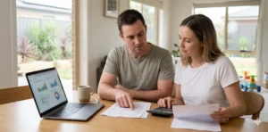 A couple reviewing financial documents and using a calculator and laptop to manage household budget at home.