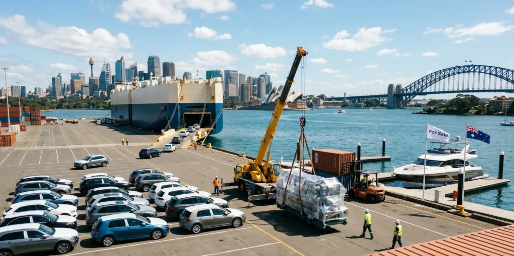 Crane lifting cargo at Sydney Harbour wharf with a car carrier ship and Harbour Bridge in the background.