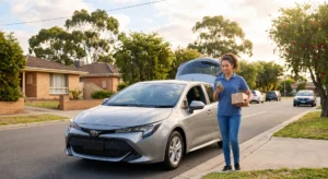 Woman standing on a suburban street next to a silver car with the trunk open, holding a smartphone and a small box.