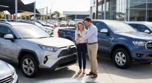 A happy couple using a smartphone to research and compare vehicles while standing in a busy Australian car dealership lot filled with new SUVs and pickup trucks.
