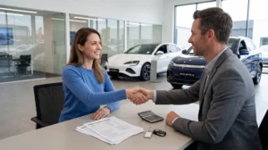 A customer and a car salesperson shaking hands across a desk inside a modern, well-lit car dealership. On the desk rest printed financial paperwork, a calculator, and a set of car keys. In the background, two BYD electric vehicles—a white sedan and a dark blue SUV—are parked on the showroom floor.