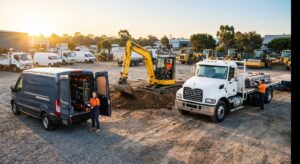 A panoramic aerial view of a bustling industrial equipment yard at sunrise, showcasing three self-employed contractors and their newly financed assets. In the foreground, a dark blue Ford Transit van with open rear doors reveals an organized toolbox shelving system; a female tradesperson stands smiling nearby holding a portable toolbox. Centrally, a male operator works a yellow Komatsu excavator, digging into a dirt mound. On the right, another male worker secures materials onto the flatbed of a white Mack conventional truck. The wide-angle photograph captures the determination and variety of trades in an active work environment with warm, golden light
